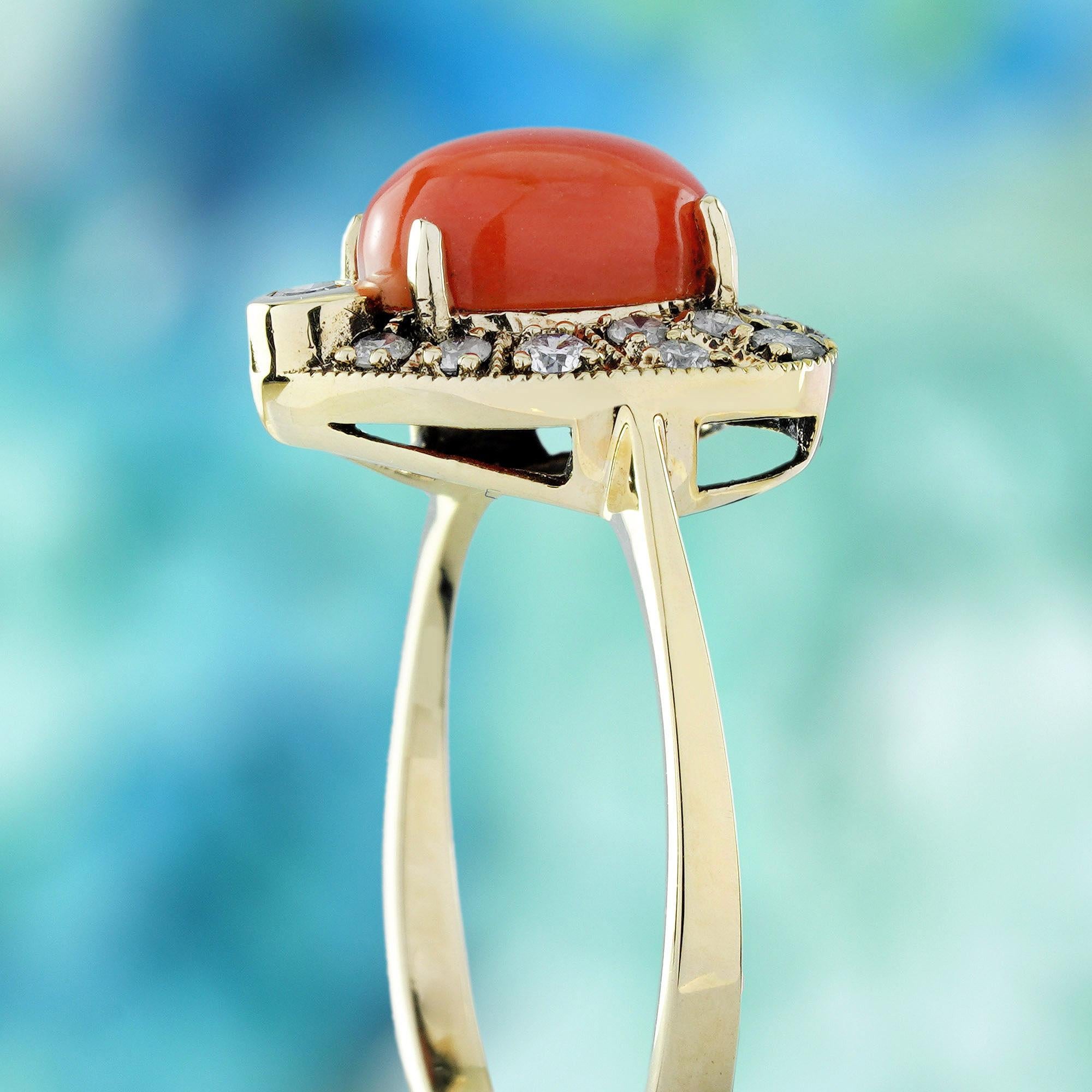 Koralle und Diamant Vintage Style Herz Ring in massivem 9K Gelbgold Damen im Angebot