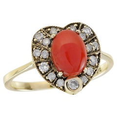 Coral and Diamond Vintage Style Heart Ring in Solid 9K Yellow Gold
