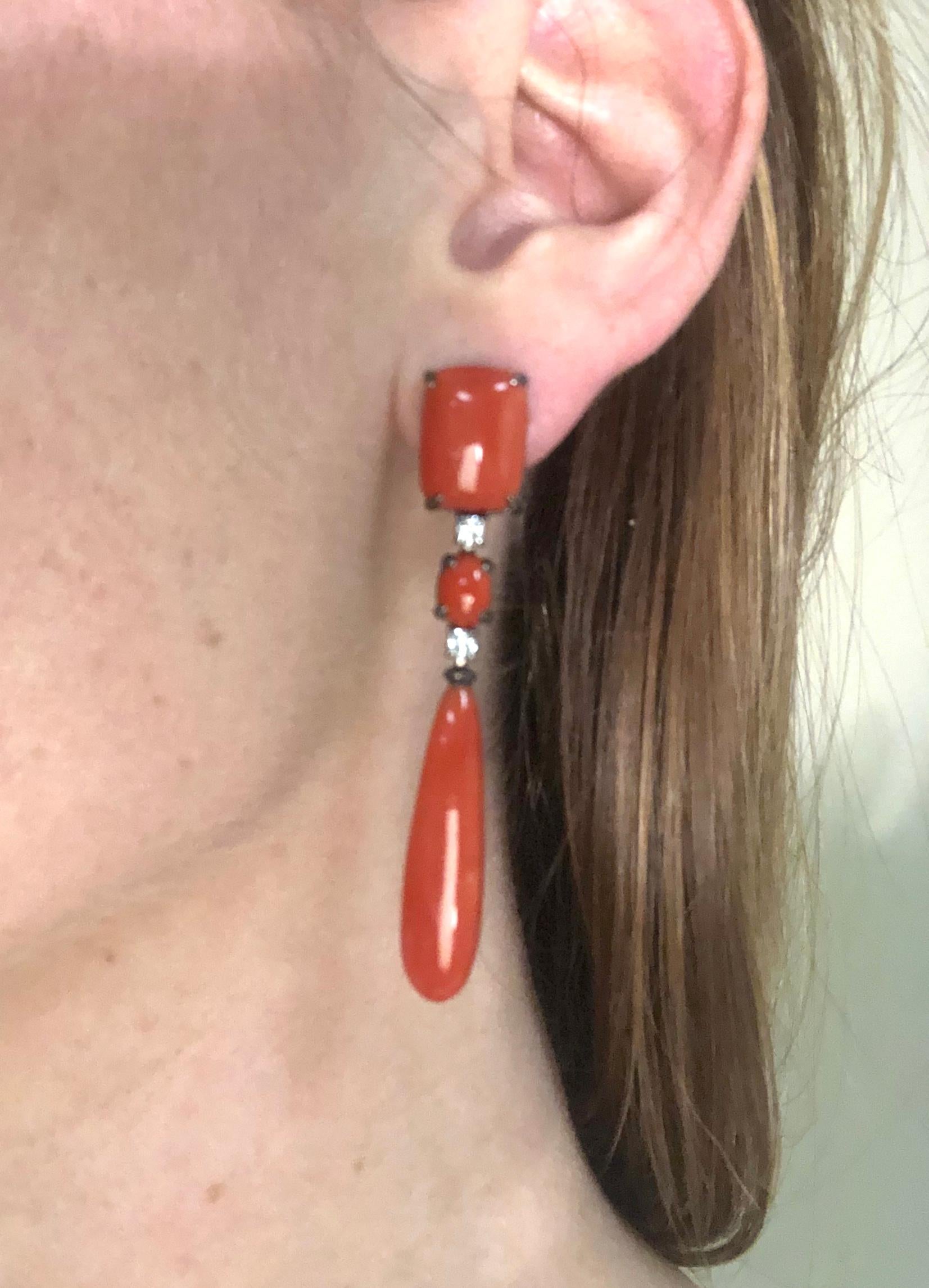 Coral and Diamonds 0.32 Carat Chandelier Earring with Black Gold 5