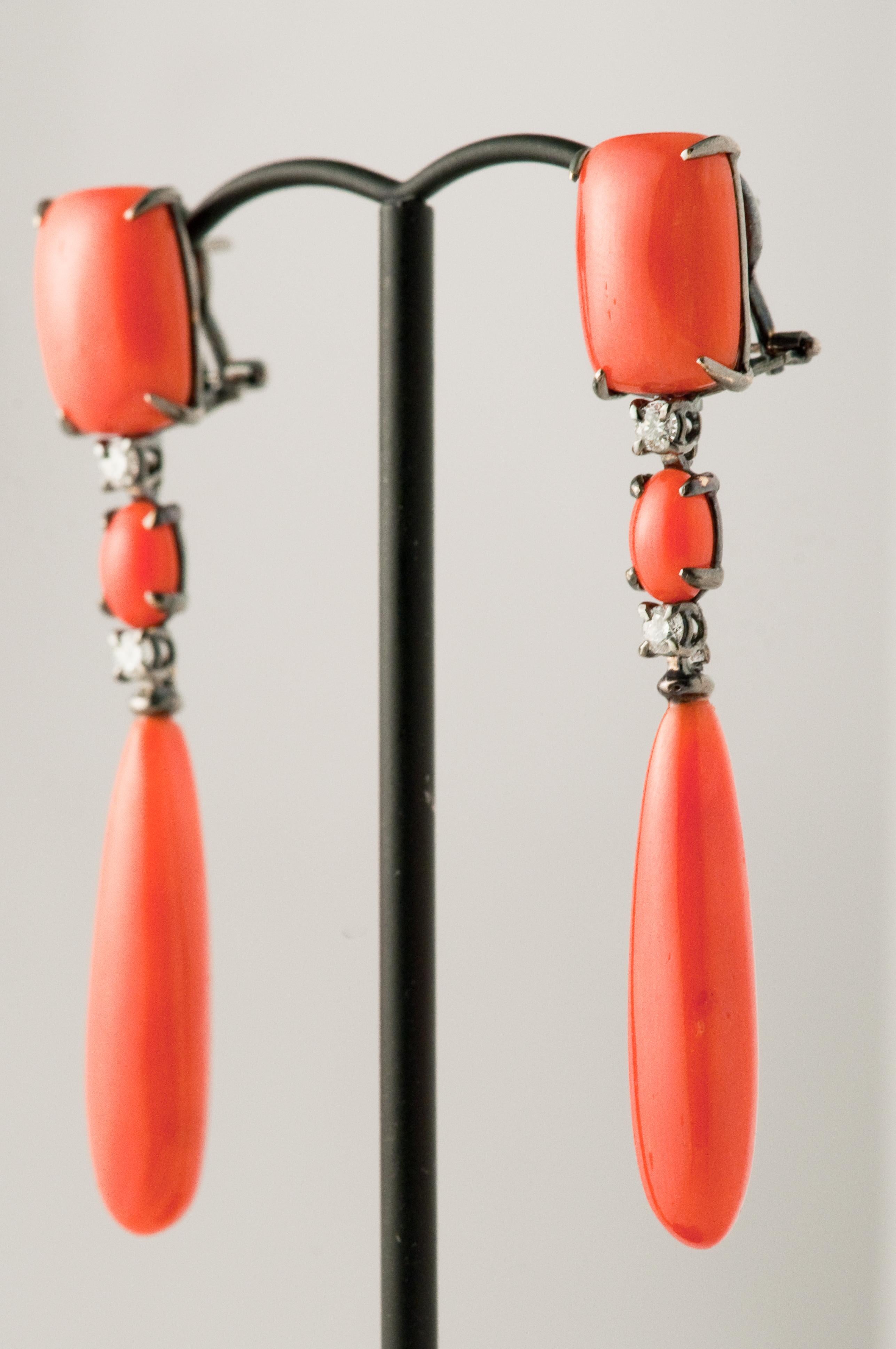Women's Coral and Diamonds 0.32 Carat Chandelier Earring with Black Gold
