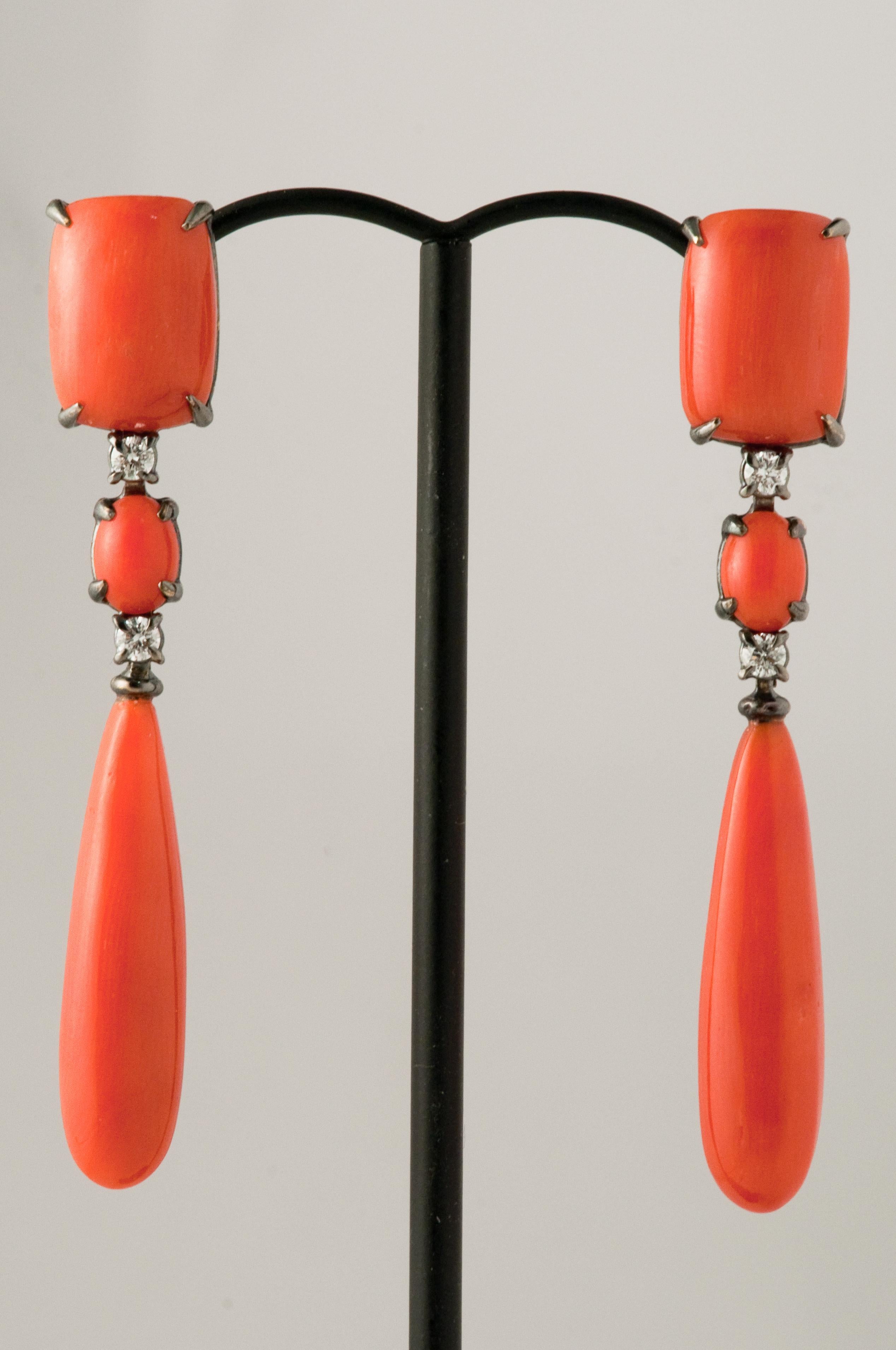 Coral and Diamonds 0.32 Carat Chandelier Earring with Black Gold 2