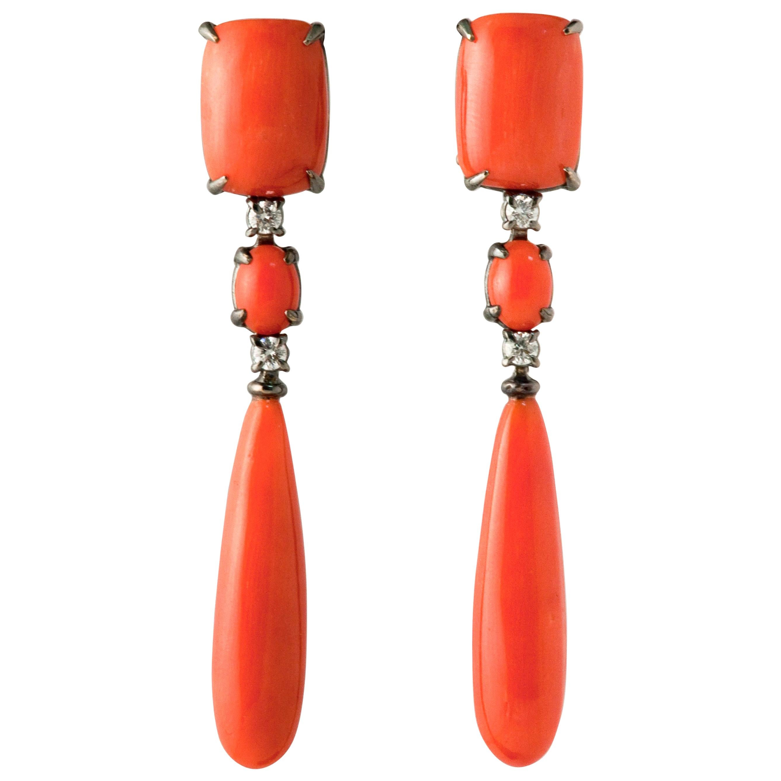 Coral and Diamonds 0.32 Carat Chandelier Earring with Black Gold