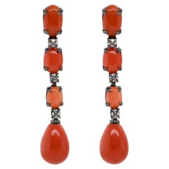 Coral and Diamonds Chandelier Earrings Black Gold 18 Karat