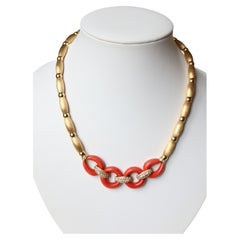 Coral and Diamonds Necklace 18 Kt Yellow Gold