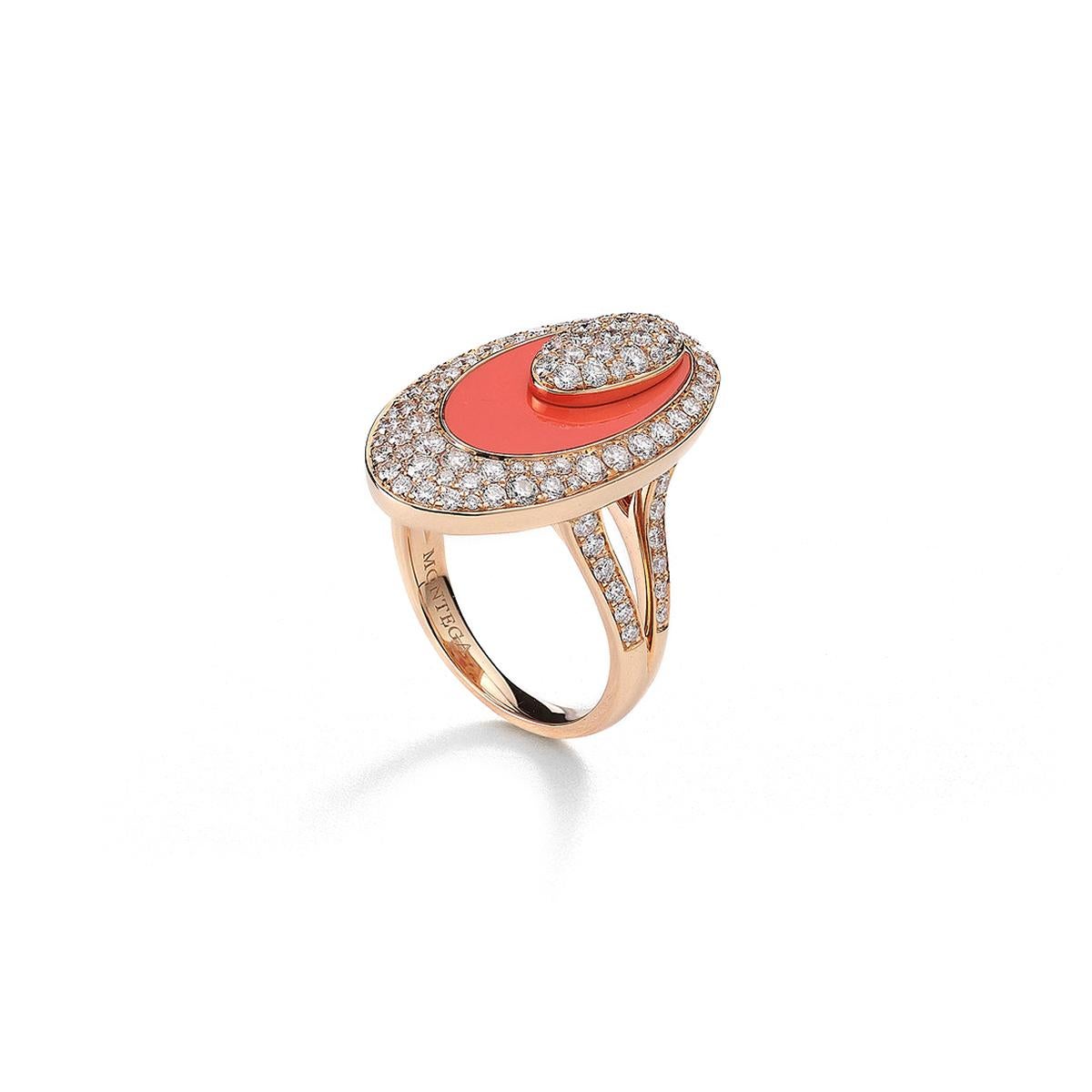 Ring in 18kt pink gold set with 96 diamonds 1.40 cts and one coral 2.35 cts Size 53     