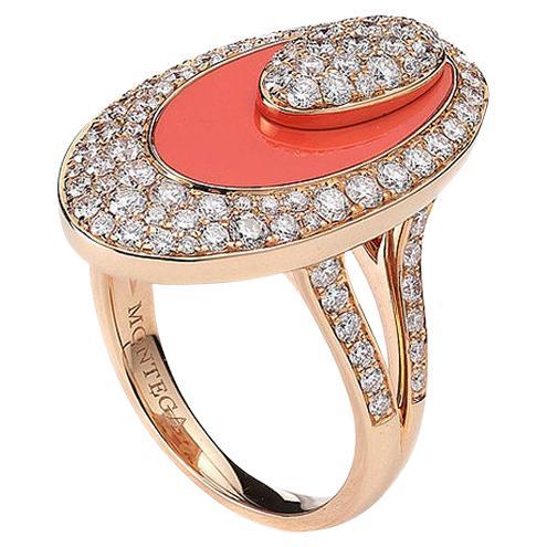 Anillo de Oro Rosa con Coral y Diamantes