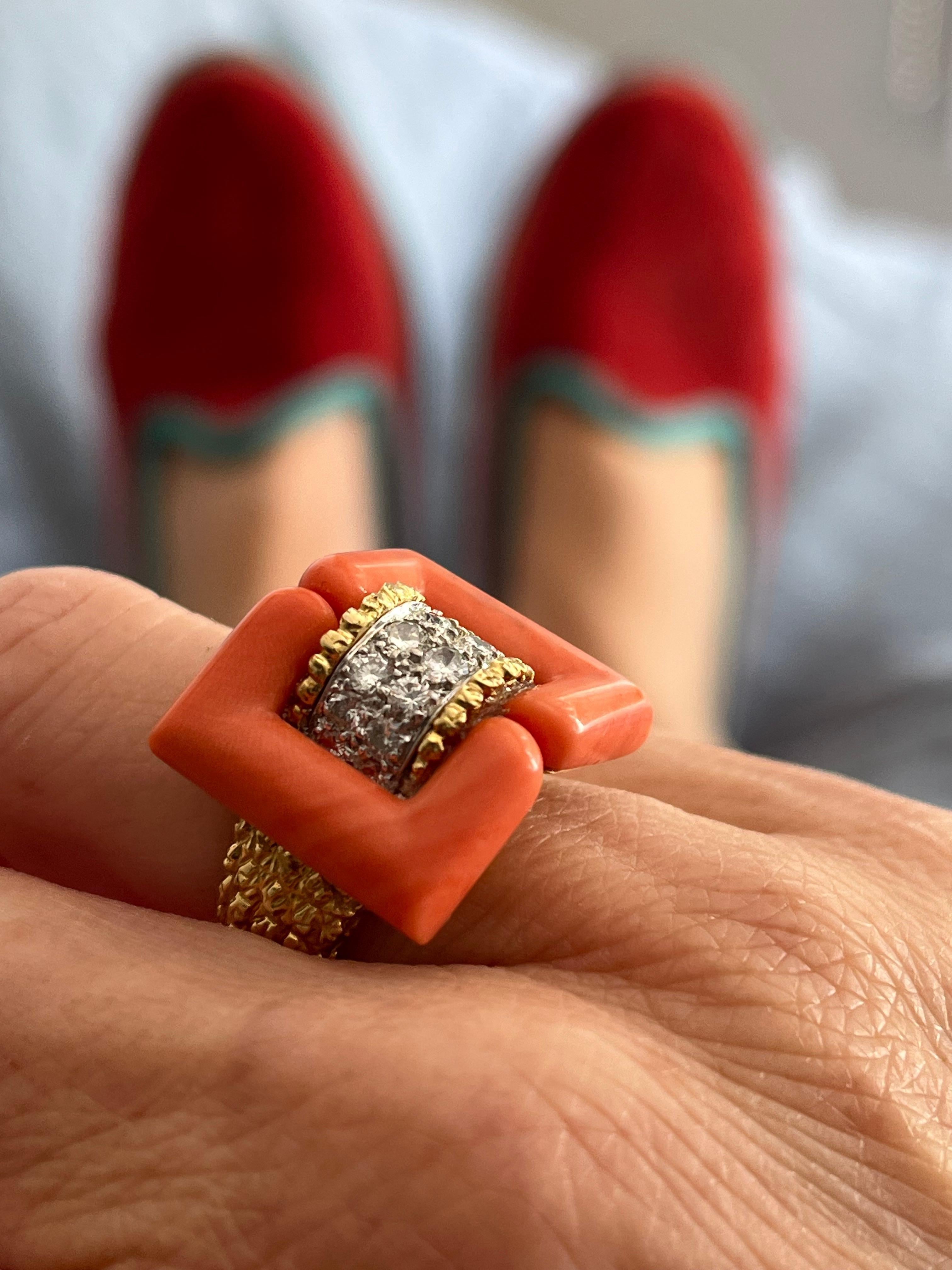 Modernist Coral and diamonds Ring by Kutchinsky For Sale