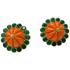 Coral and Emerald Diamond Earrings Set in Rose Gold
