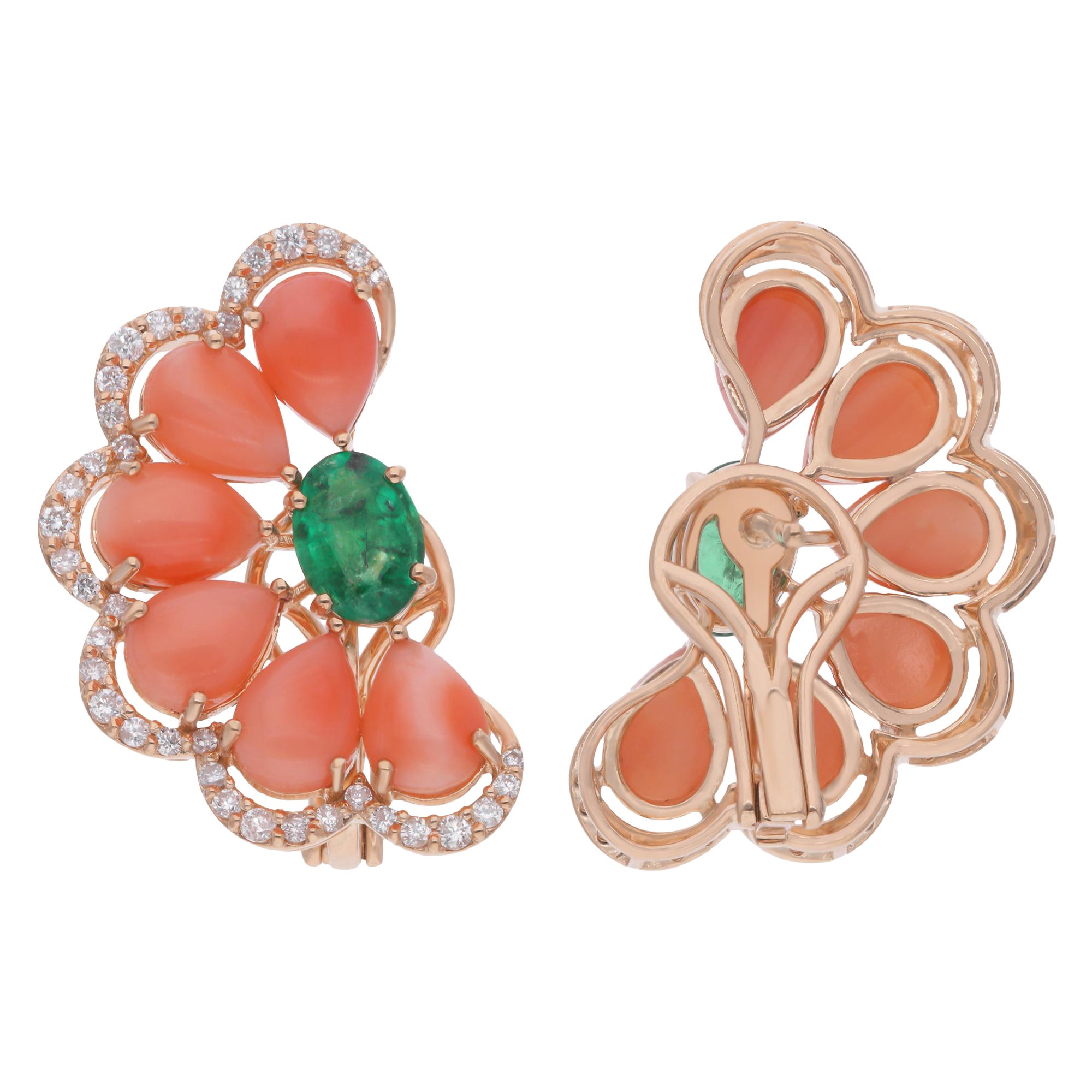 Pendientes Florales de Coral y Diamante Esmeralda en Oro Amarillo de 14 K Joyería Fina