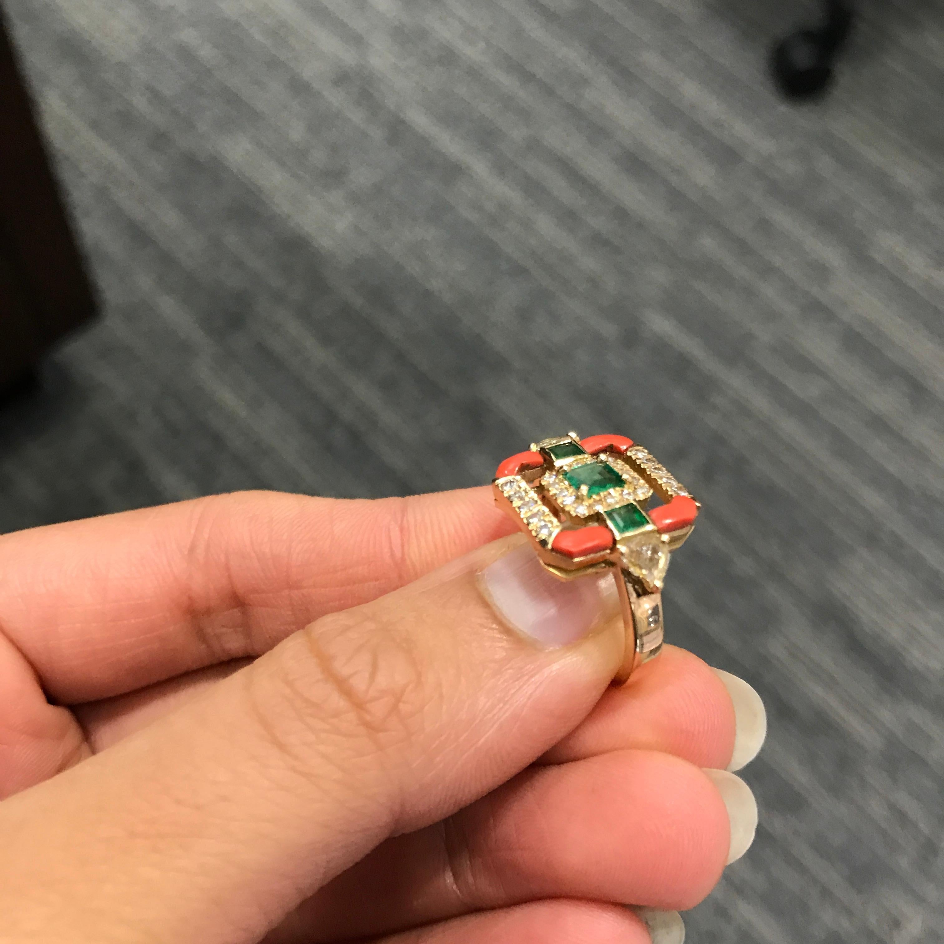 Emerald Cut Coral and Emerald Ring in 18 Karat Yellow Gold