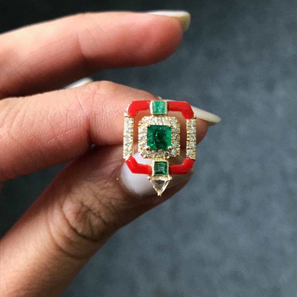 Emerald Cut Coral and Emerald Studs in 18 Karat Yellow Gold For Sale