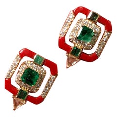 Coral and Emerald Studs in 18 Karat Yellow Gold