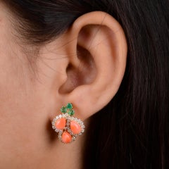 Coral and Emerald with Diamond Cluster Stud Earrings 14K Yellow Gold Jewelry