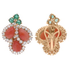 Coral and Emerald with Diamond Cluster Stud Earrings 18K Yellow Gold Jewelry