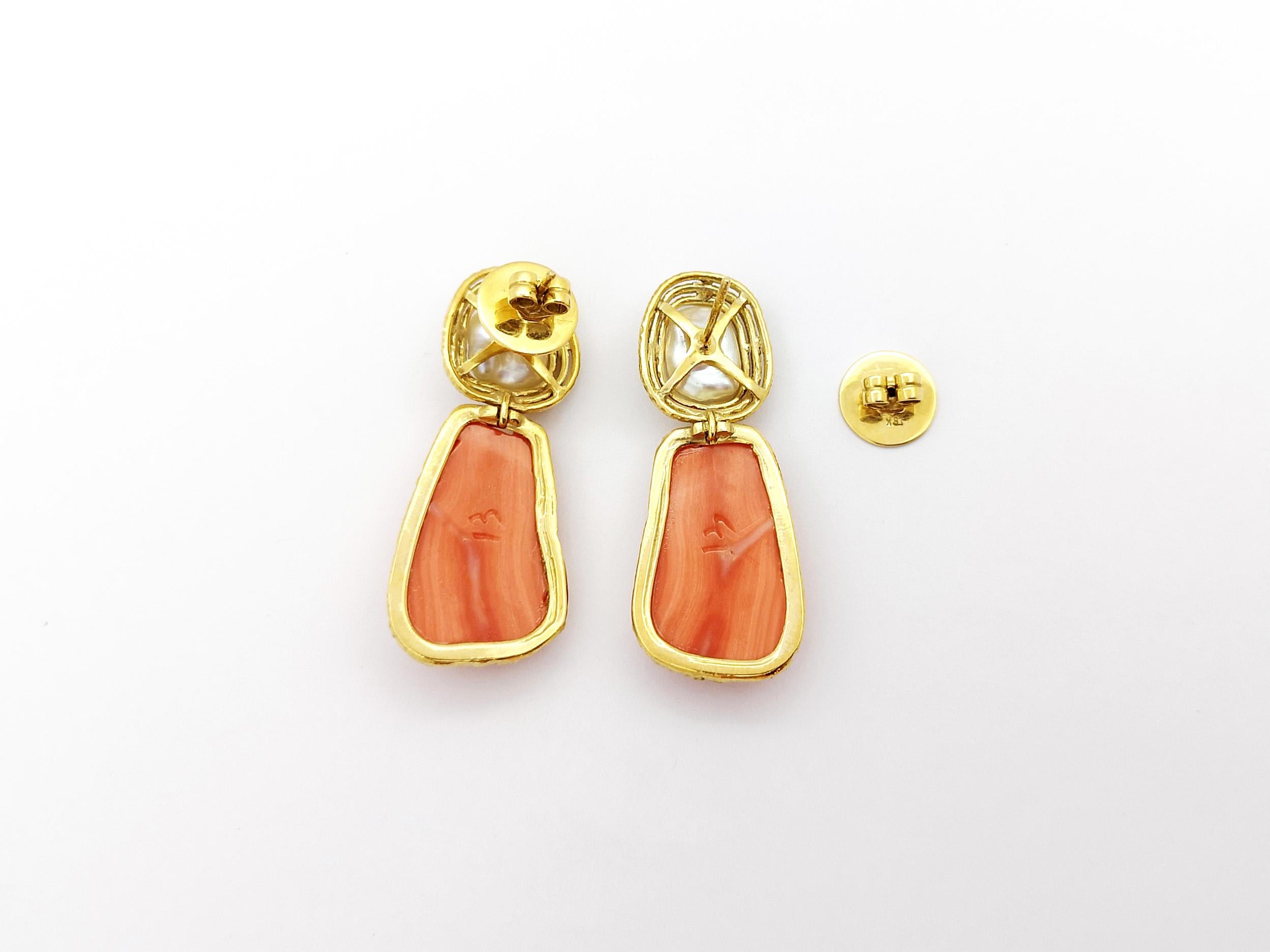 Coral and Fresh Water Pearl Earrings set in 18K Gold Settings For Sale 4