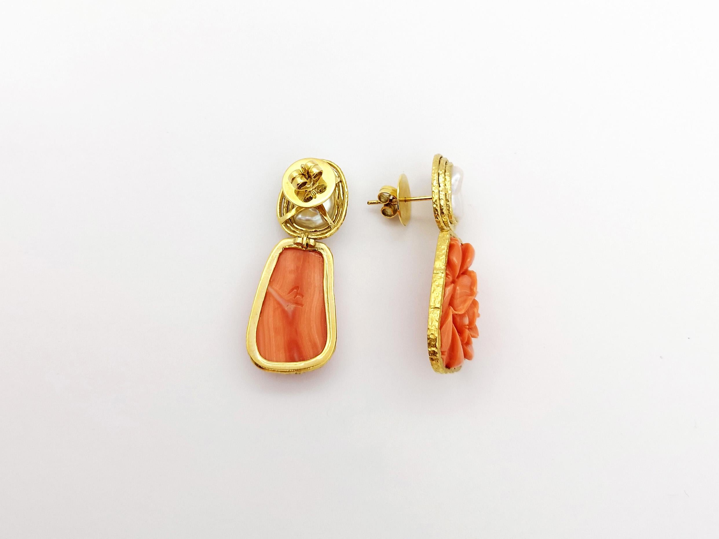 Contemporary Coral and Fresh Water Pearl Earrings set in 18K Gold Settings For Sale