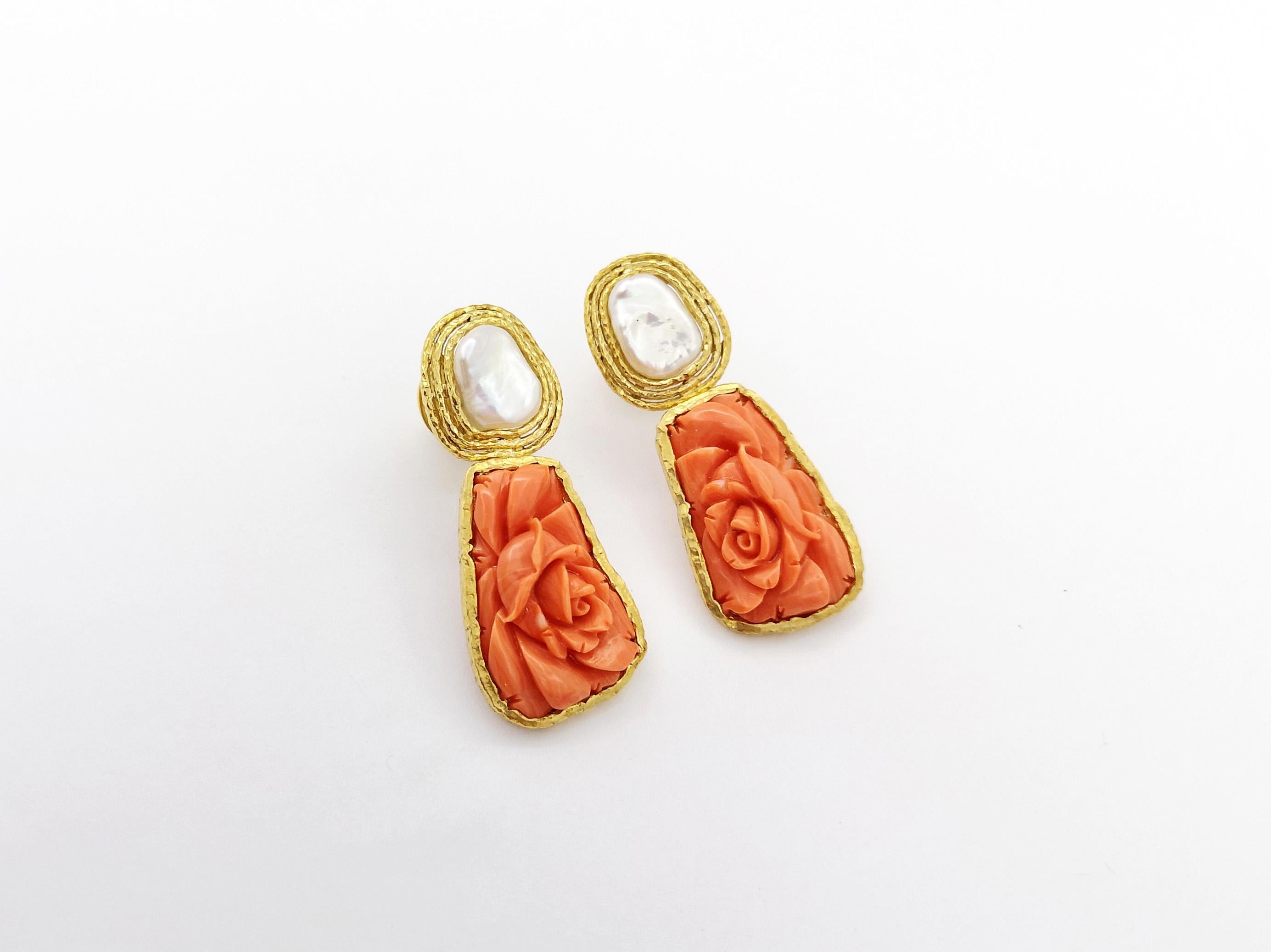 Mixed Cut Coral and Fresh Water Pearl Earrings set in 18K Gold Settings For Sale