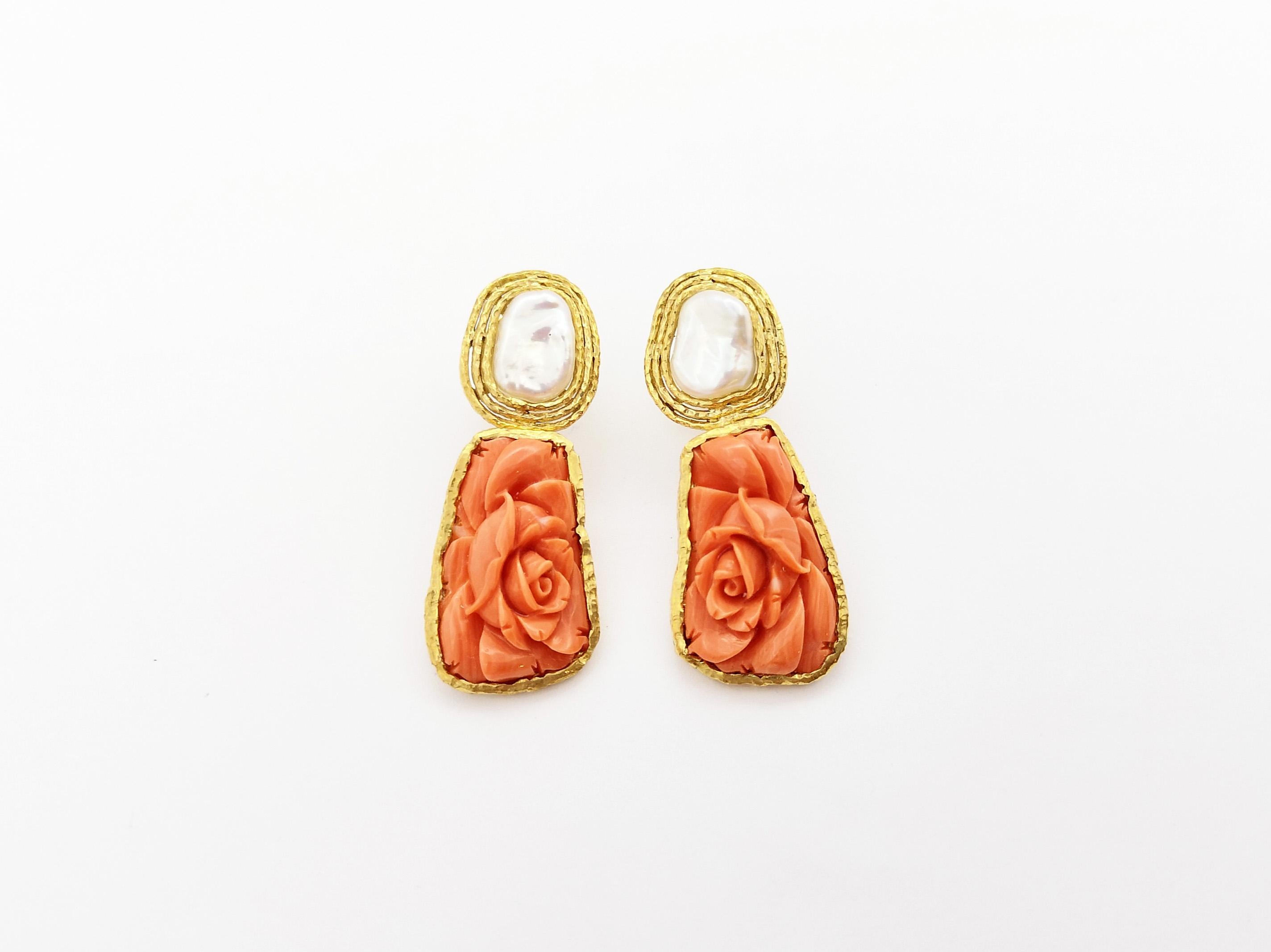 Women's Coral and Fresh Water Pearl Earrings set in 18K Gold Settings For Sale