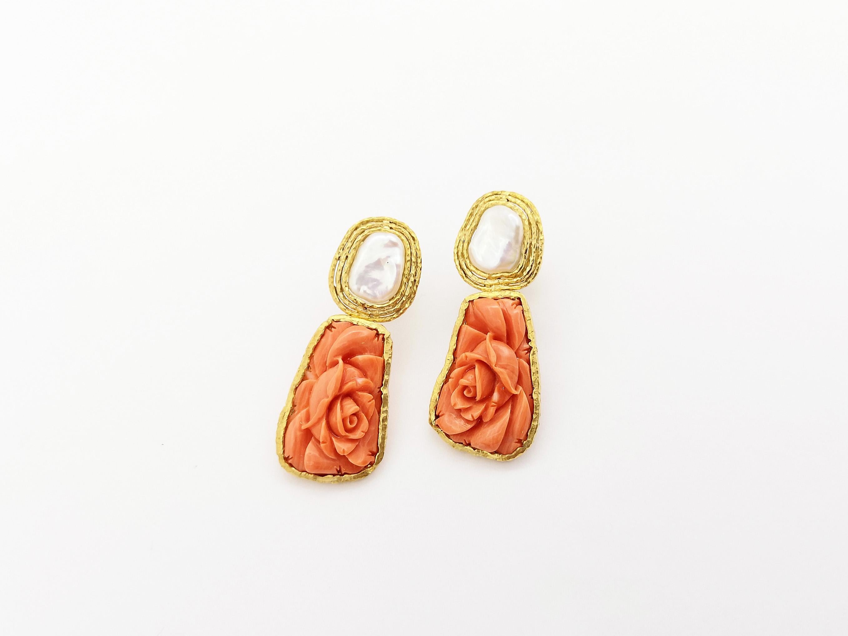 Coral and Fresh Water Pearl Earrings set in 18K Gold Settings For Sale 1
