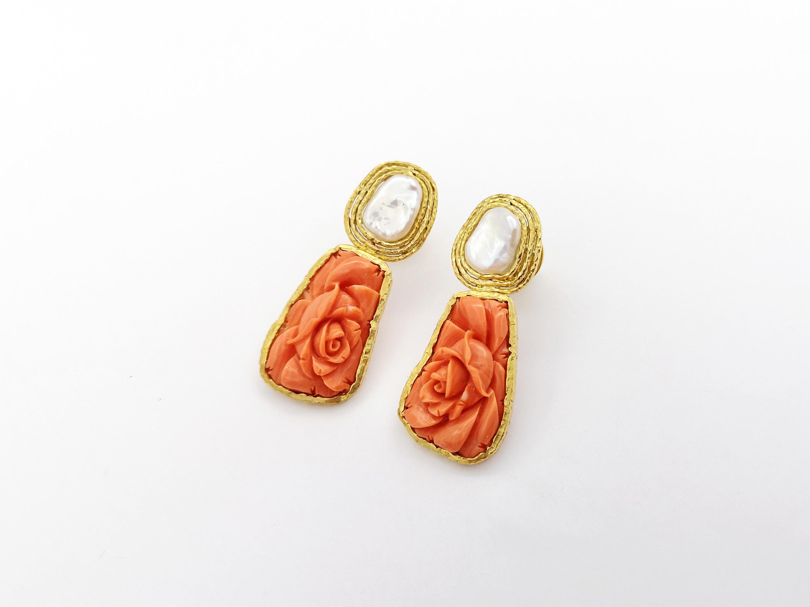 Coral and Fresh Water Pearl Earrings set in 18K Gold Settings For Sale 2