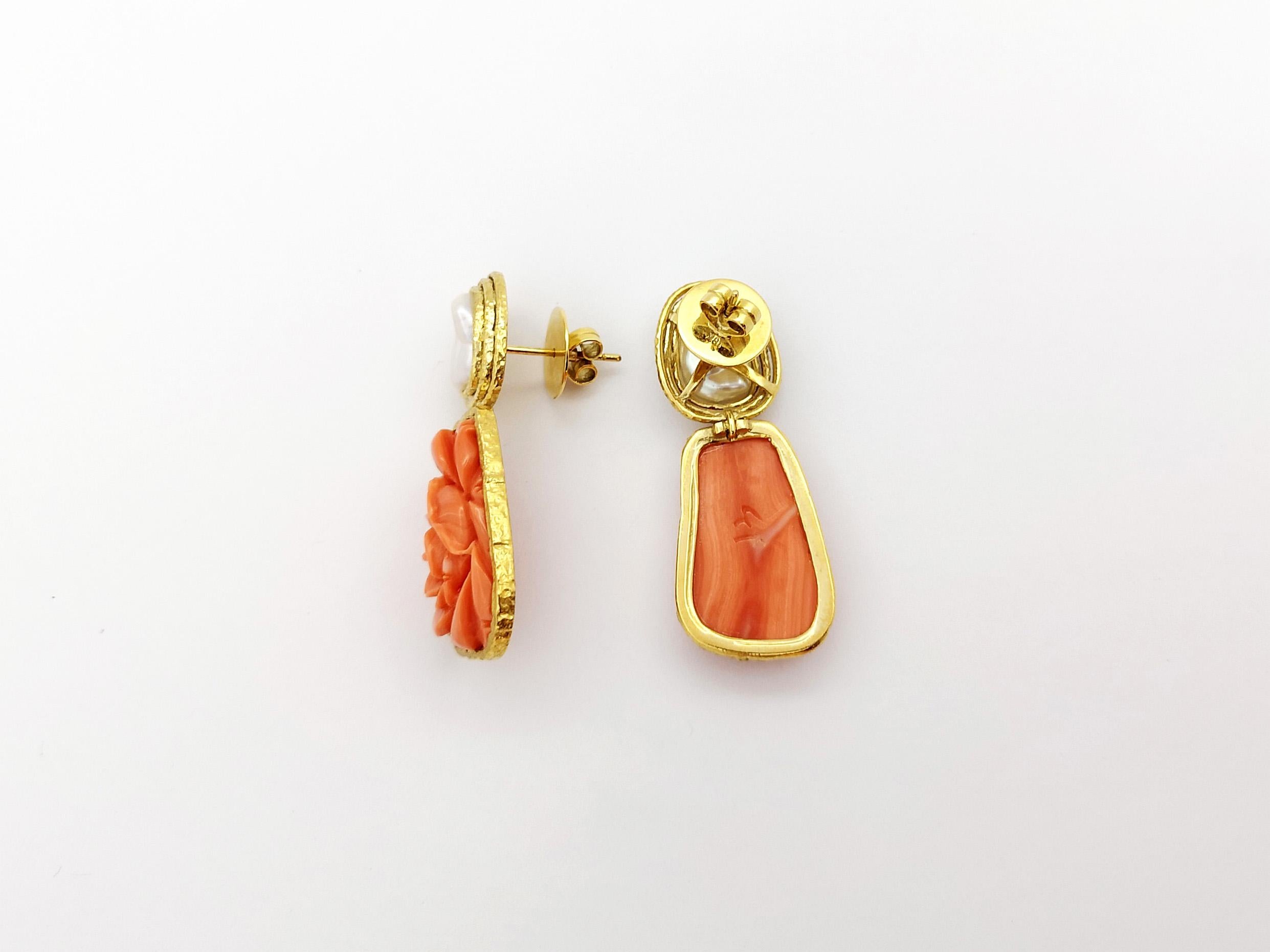 Coral and Fresh Water Pearl Earrings set in 18K Gold Settings For Sale 3