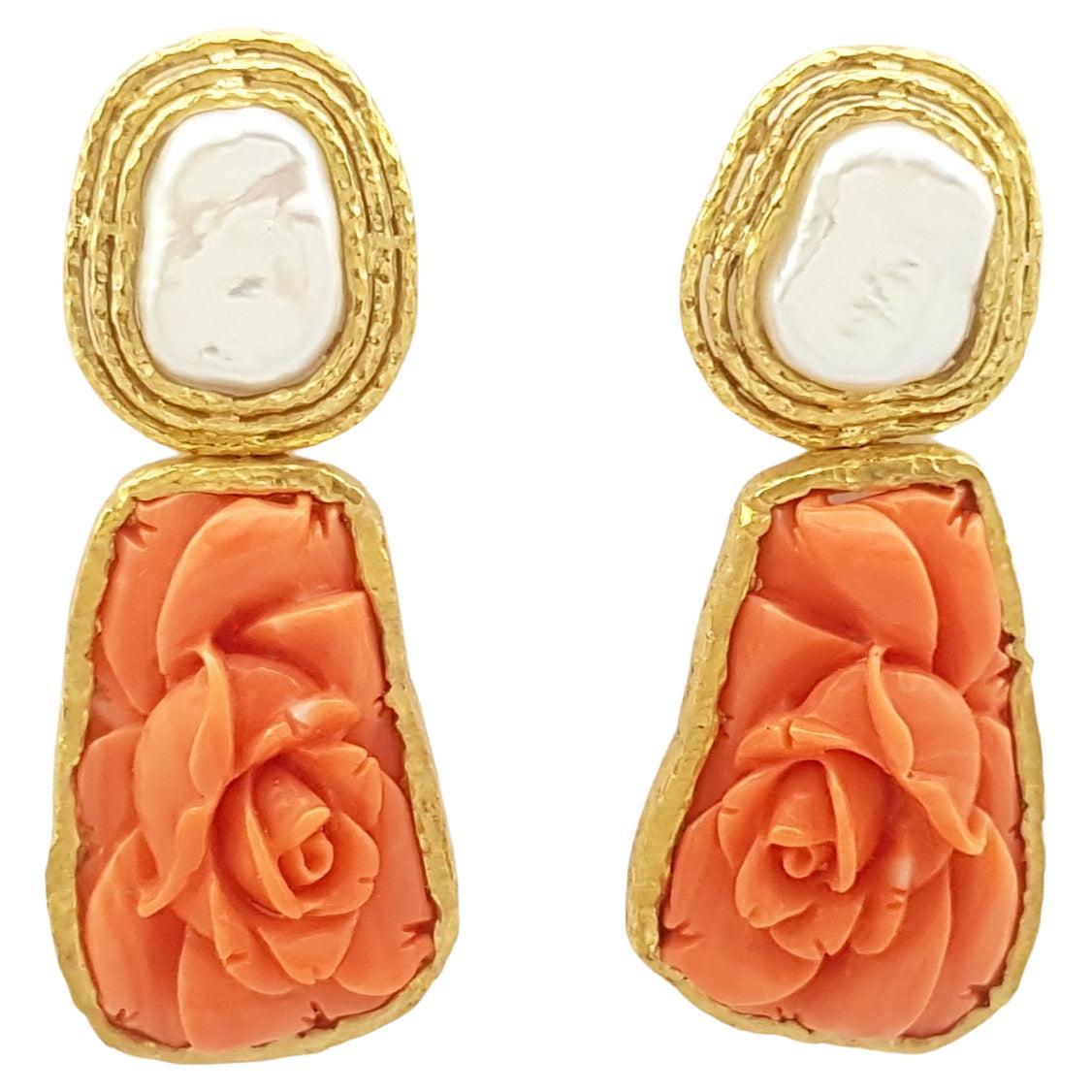 Coral and Fresh Water Pearl Earrings set in 18K Gold Settings For Sale