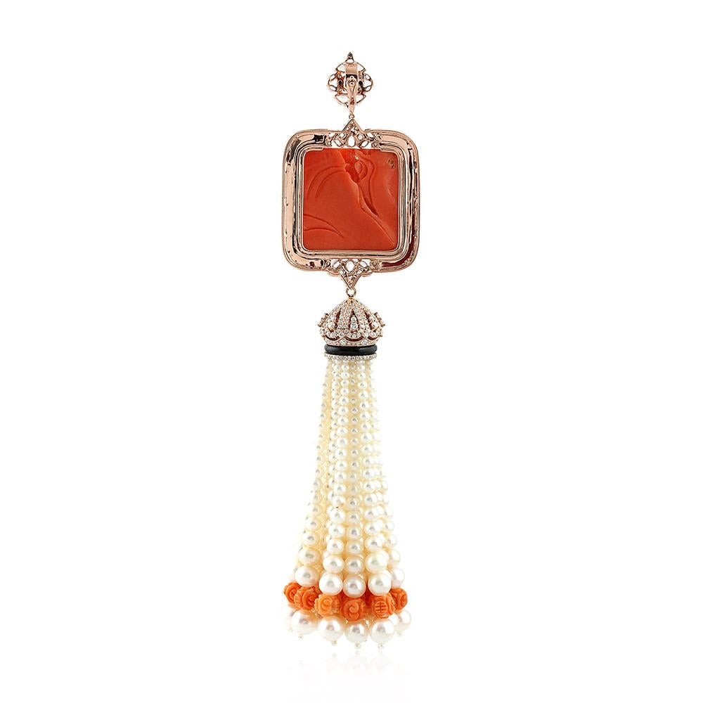 Art Nouveau Coral and Fresh Water Pearl Tassel Pendant with Diamonds For Sale