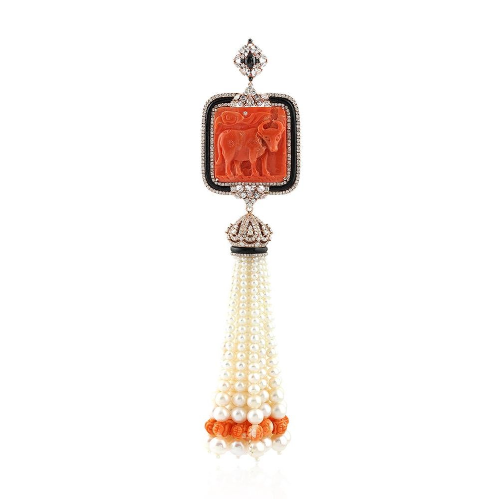 Coral and Fresh Water Pearl Tassel Pendant with Diamonds For Sale