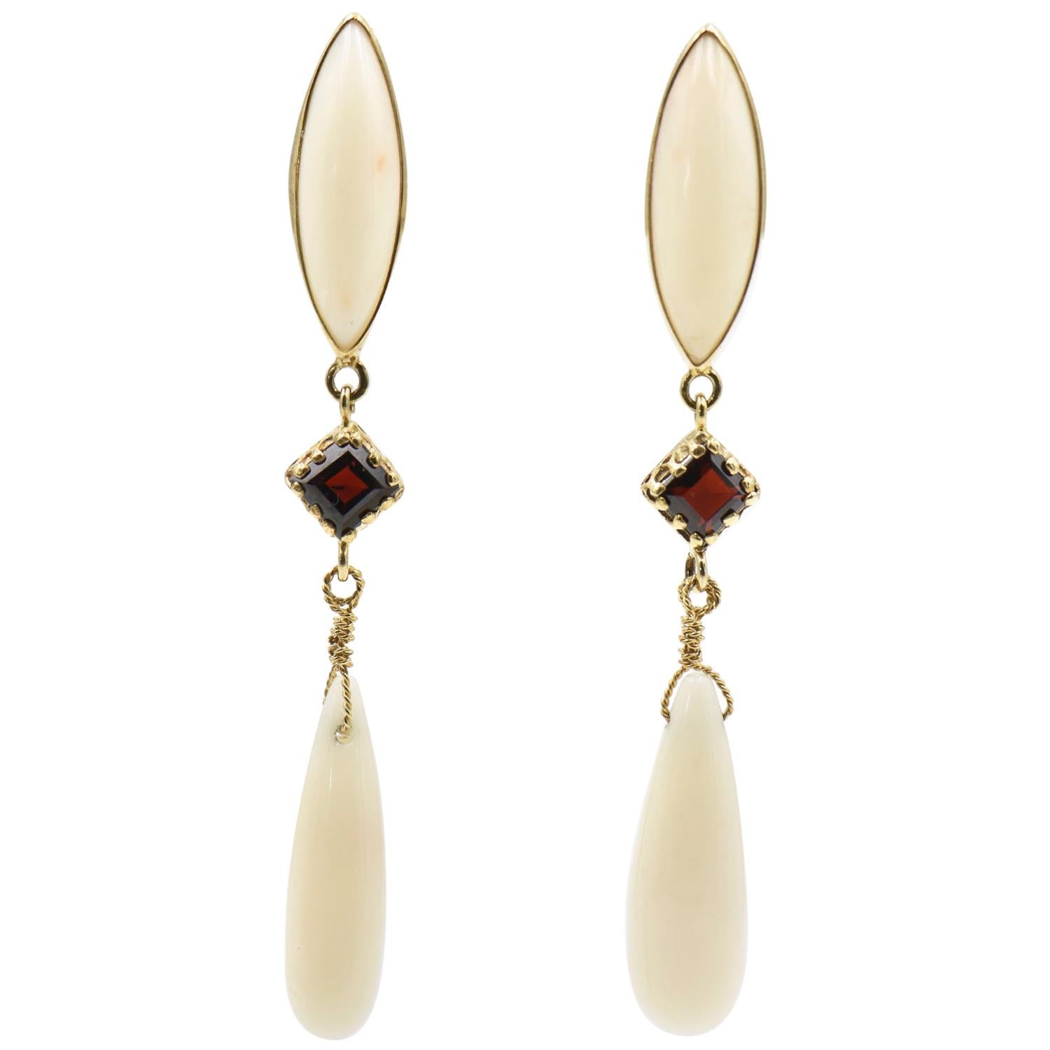 Coral and Garnet Dangling Gold Earrings