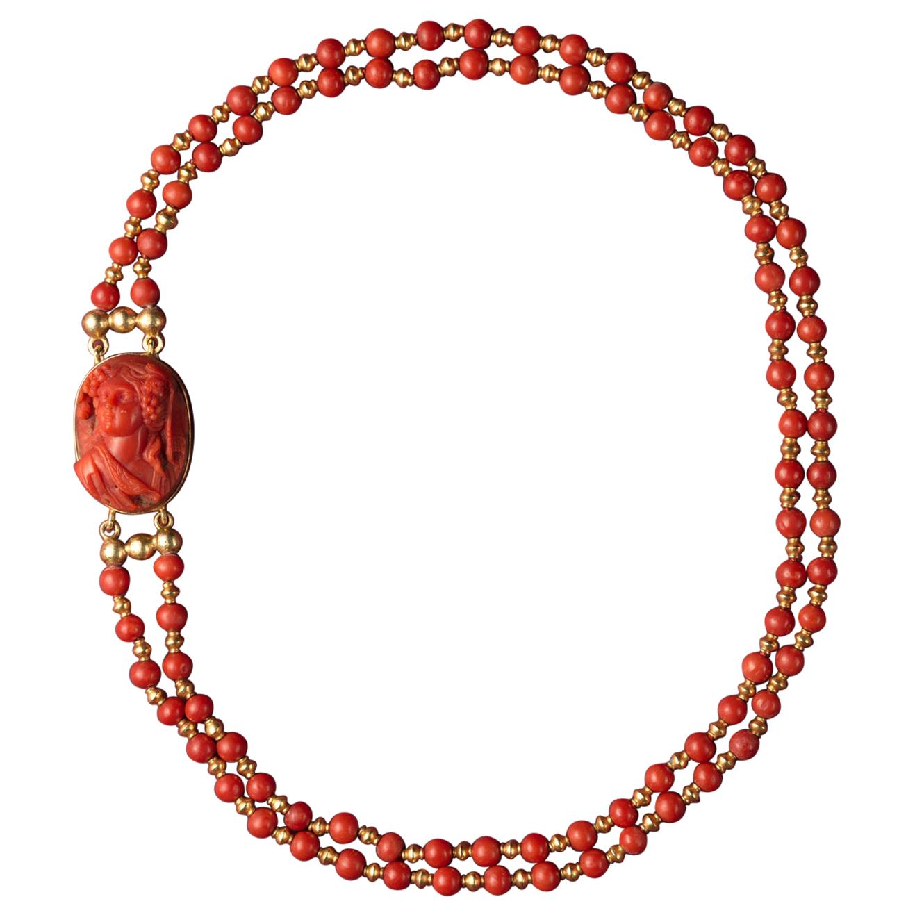 Coral and Gold Cameo Necklace