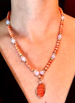 Colgante de coral y oro, collar de calcedonia azul, cristal de roca y oro de 14 quilates