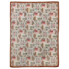 Coral and Green Antique American Hooked Rug with Checkered Bouquet Pattern