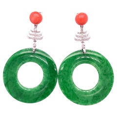 Coral and Green Jade Hoop Dangle Earrings in 18 Karat White Gold