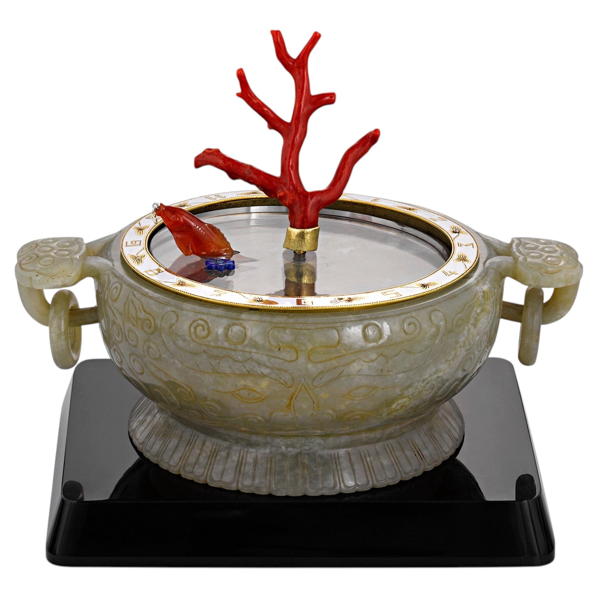 Coral and Jade Koi Fish Mystery Clock