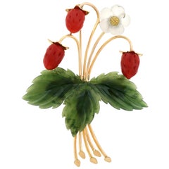 Coral and Jade Set Gold Strawberry Brooch