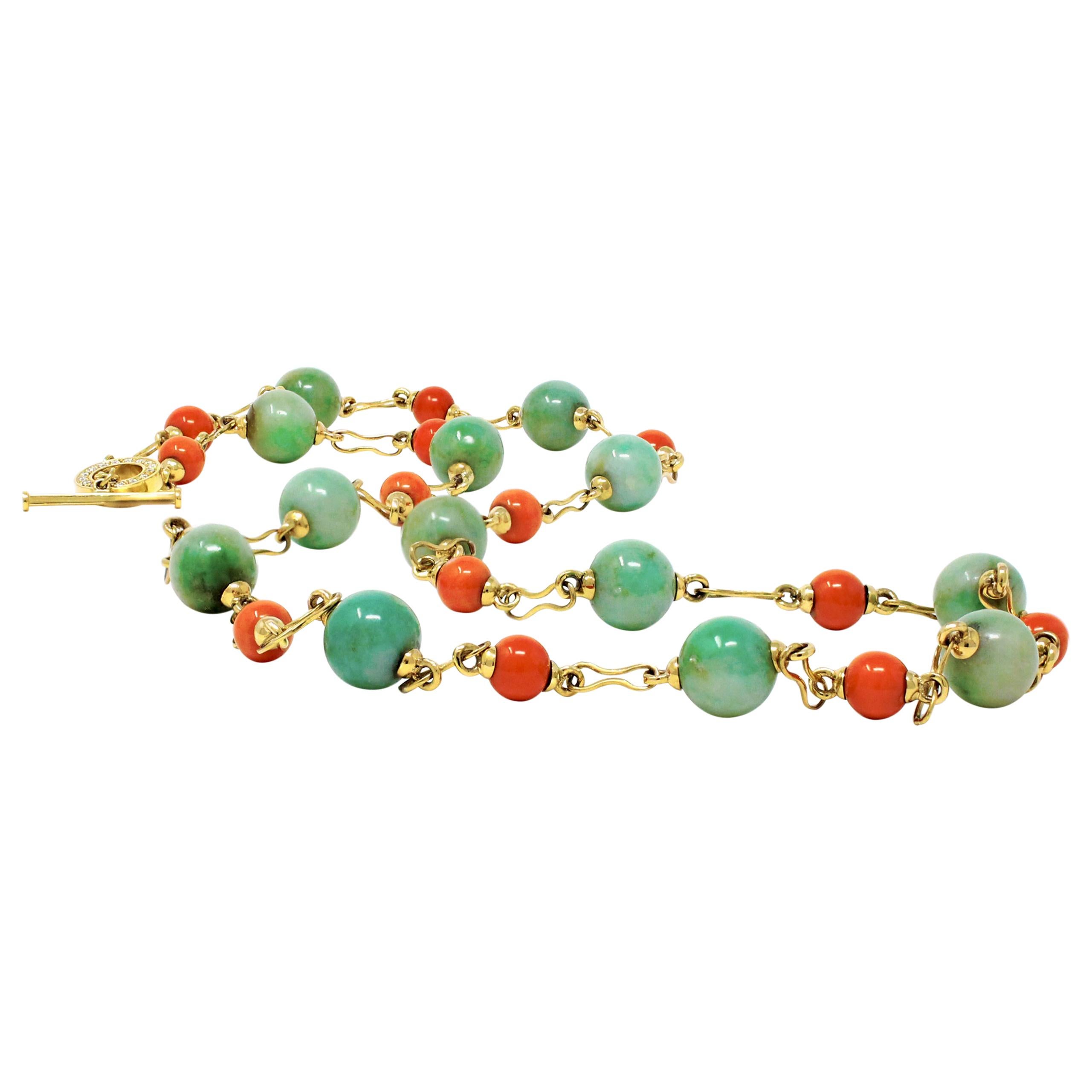 Coral and Jadeite Jade Station Necklace, 18 Karat Yellow Gold by Rosaria Varra