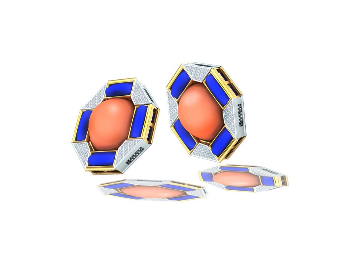 These classically designed coral and lapis diamond earrings are made to absolute perfection.  The center of each earring is a coral cabochon that has even coral color with very faint light coral veining.  The center of each earring measures 18 x 17