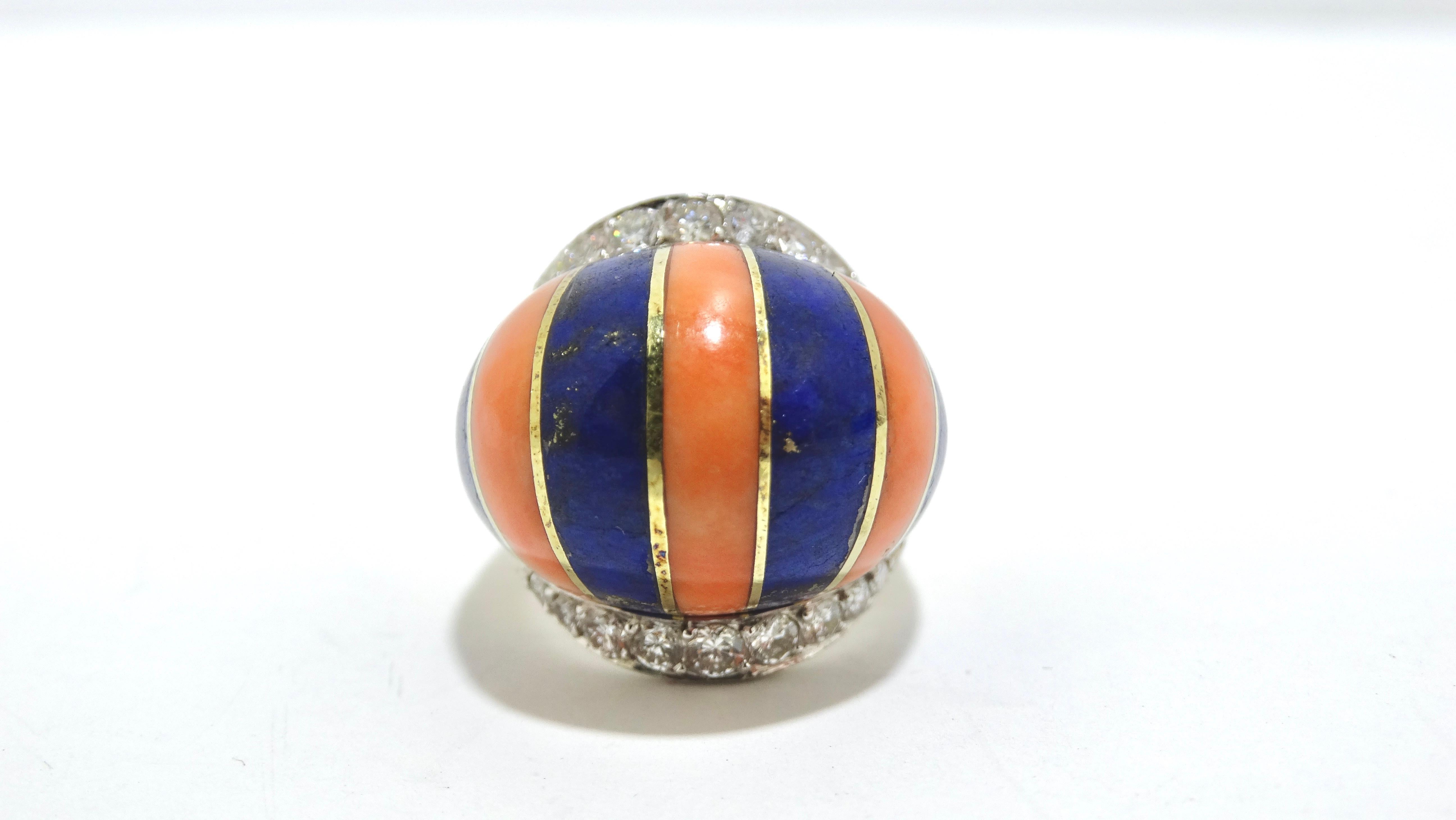 Round Cut Coral And Lapis Striped Diamond Cocktail Ring For Sale