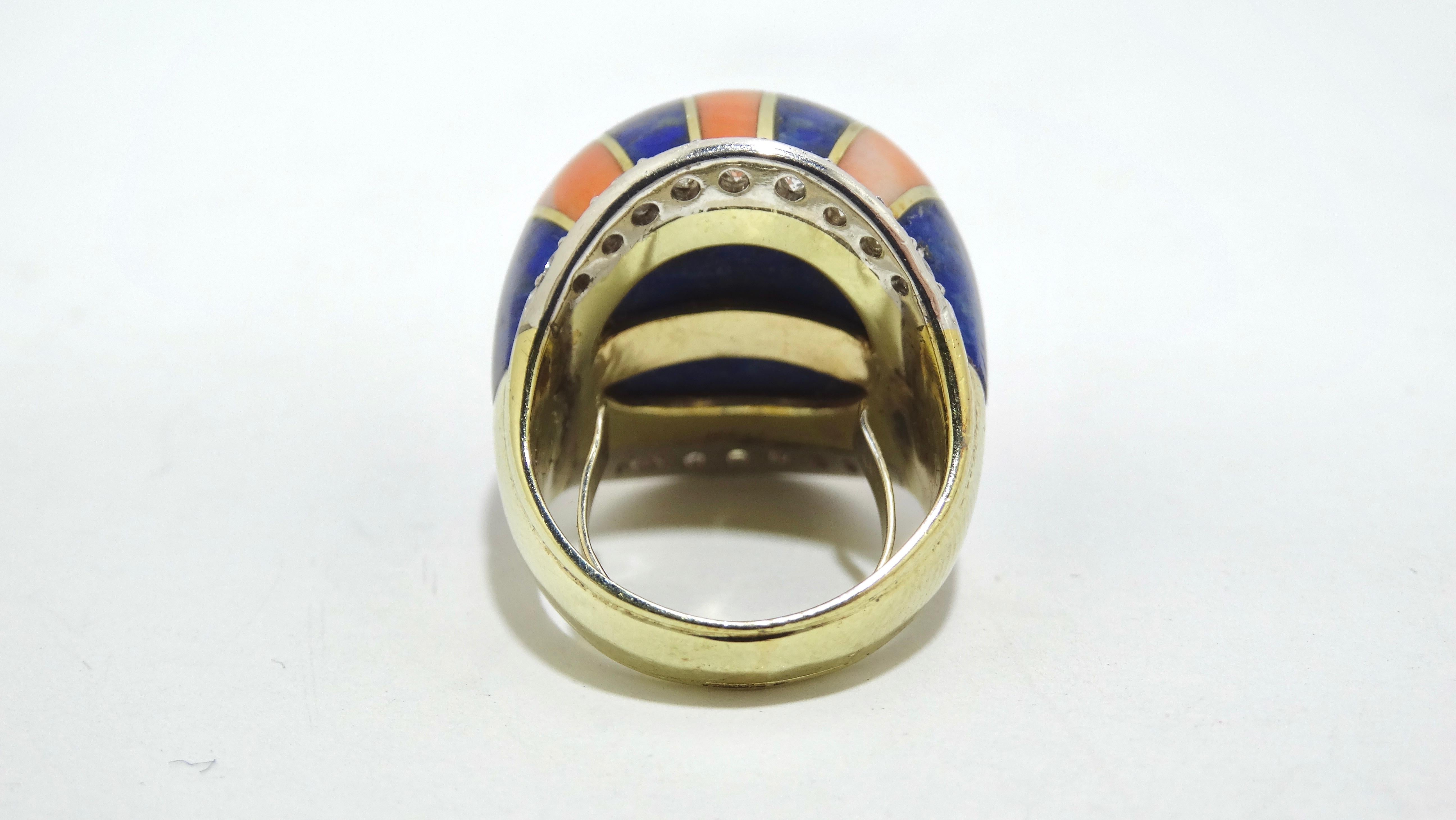 Coral And Lapis Striped Diamond Cocktail Ring In Good Condition For Sale In Scottsdale, AZ