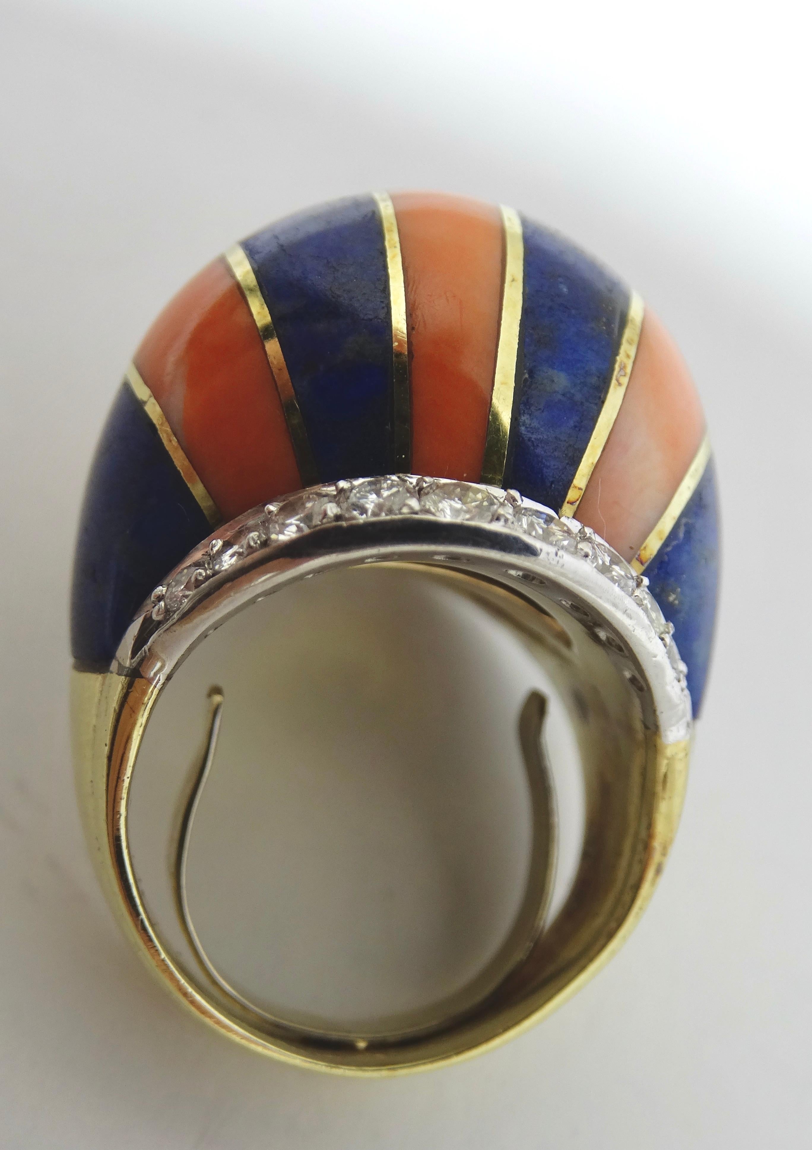Women's Coral And Lapis Striped Diamond Cocktail Ring For Sale