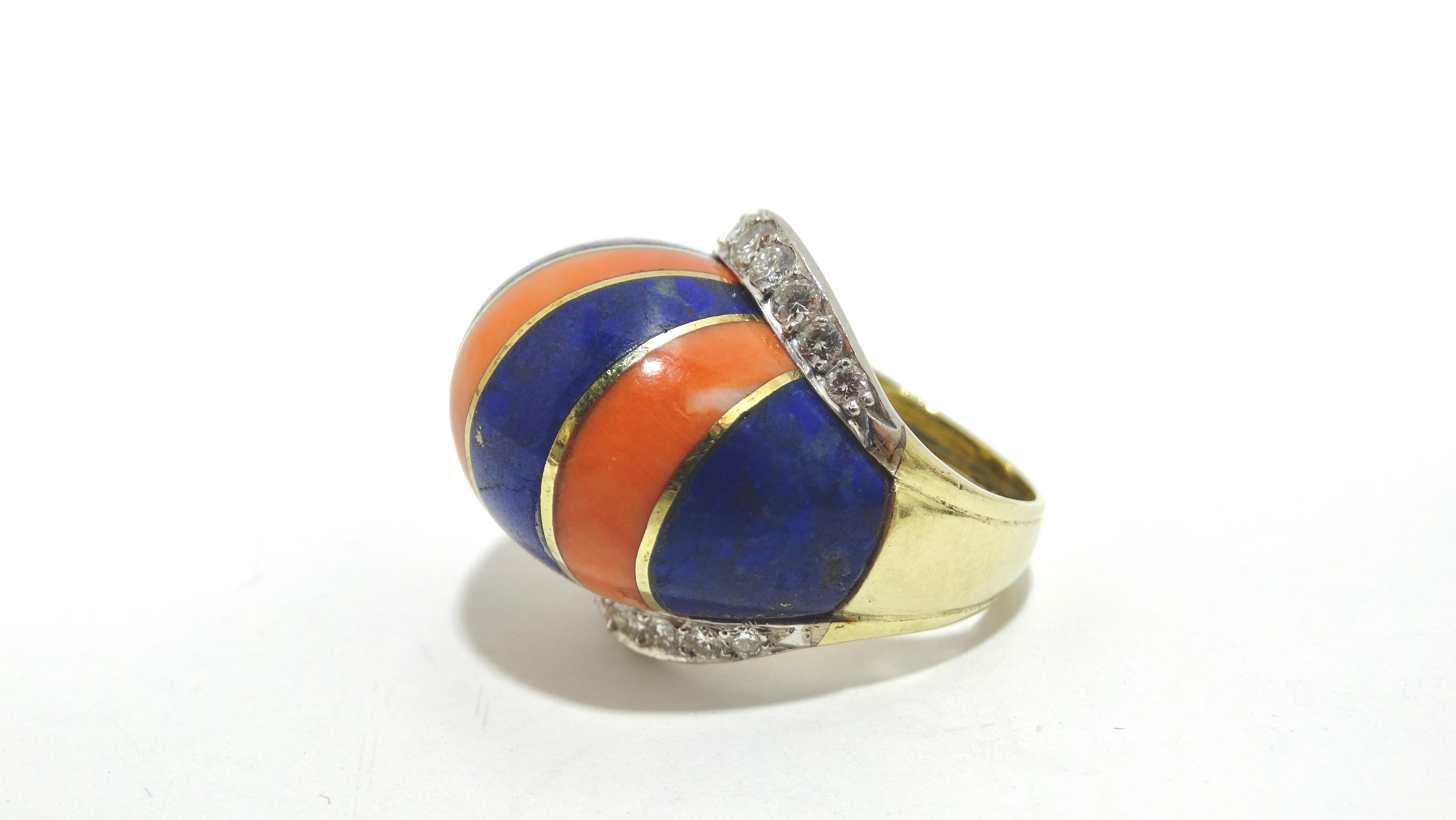 Coral And Lapis Striped Diamond Cocktail Ring For Sale 1