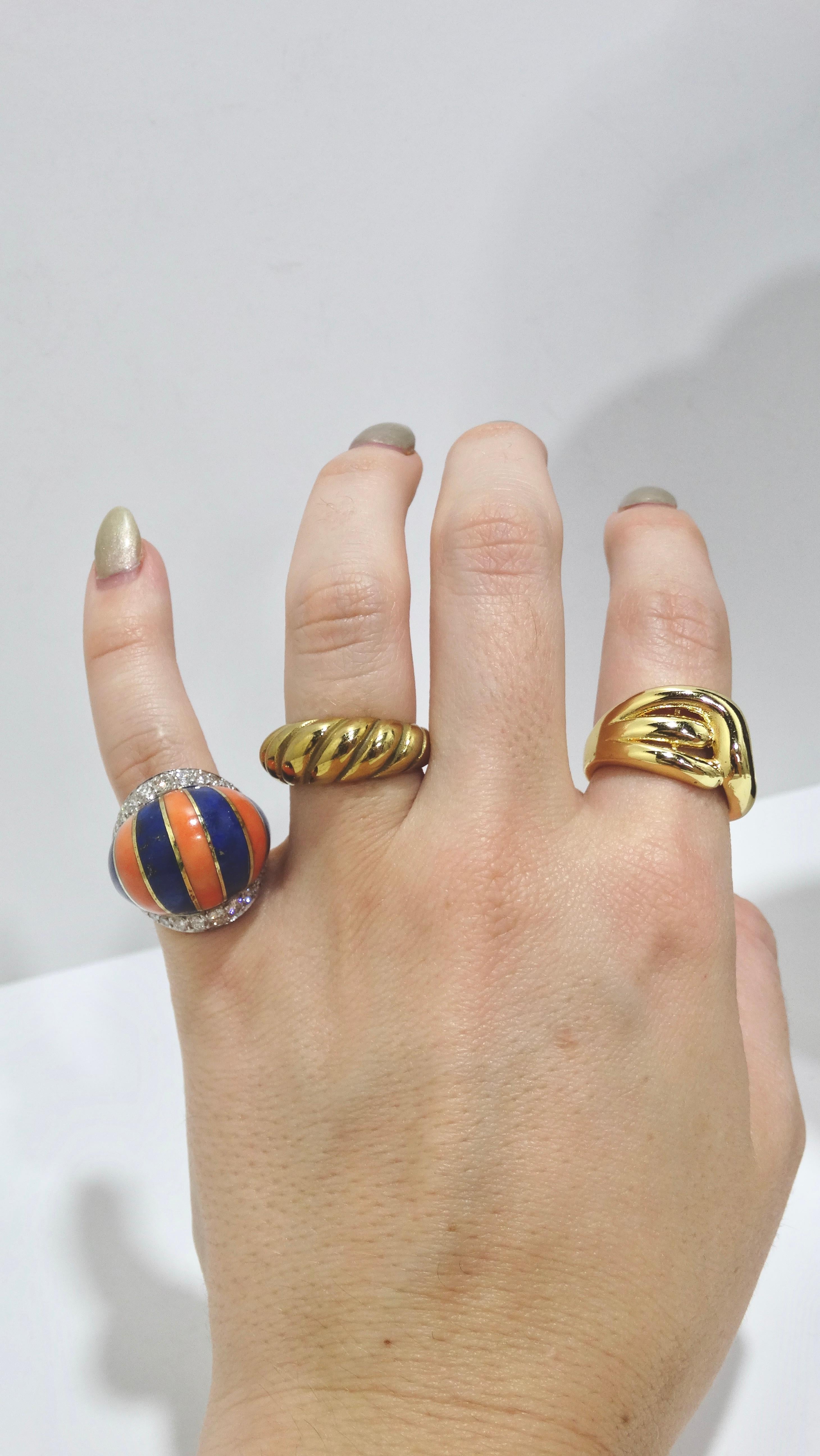 Coral And Lapis Striped Diamond Cocktail Ring For Sale 2