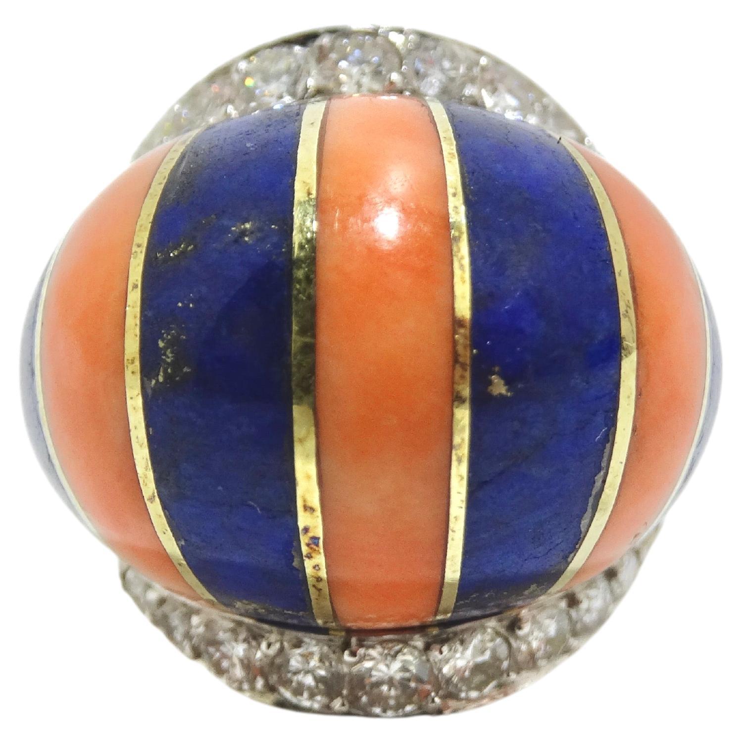Coral And Lapis Striped Diamond Cocktail Ring For Sale