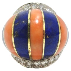 Vintage Coral And Lapis Striped Diamond Cocktail Ring