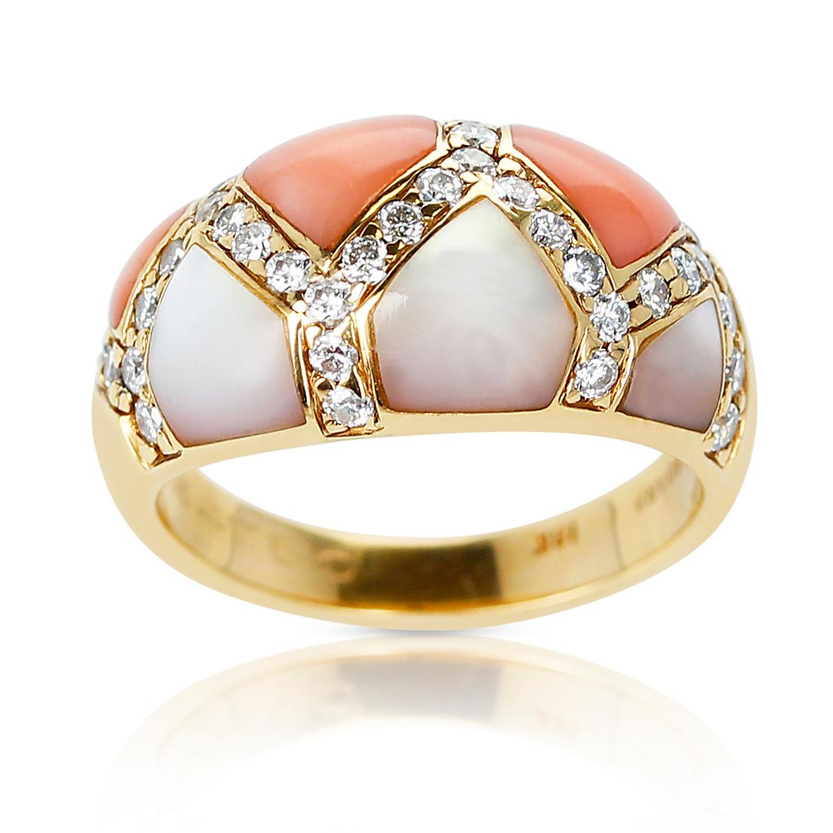 Round Cut Coral and Mother of Pearl Ring with Diamonds, 18K Yellow Gold