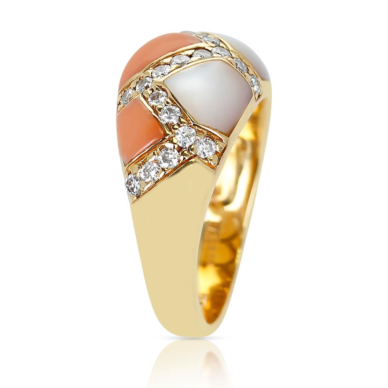Coral and Mother of Pearl Ring with Diamonds, 18K Yellow Gold In Excellent Condition In New York, NY
