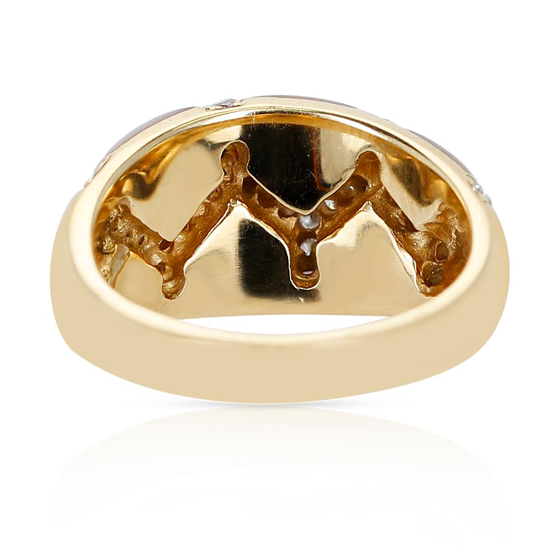 Women's or Men's Coral and Mother of Pearl Ring with Diamonds, 18K Yellow Gold
