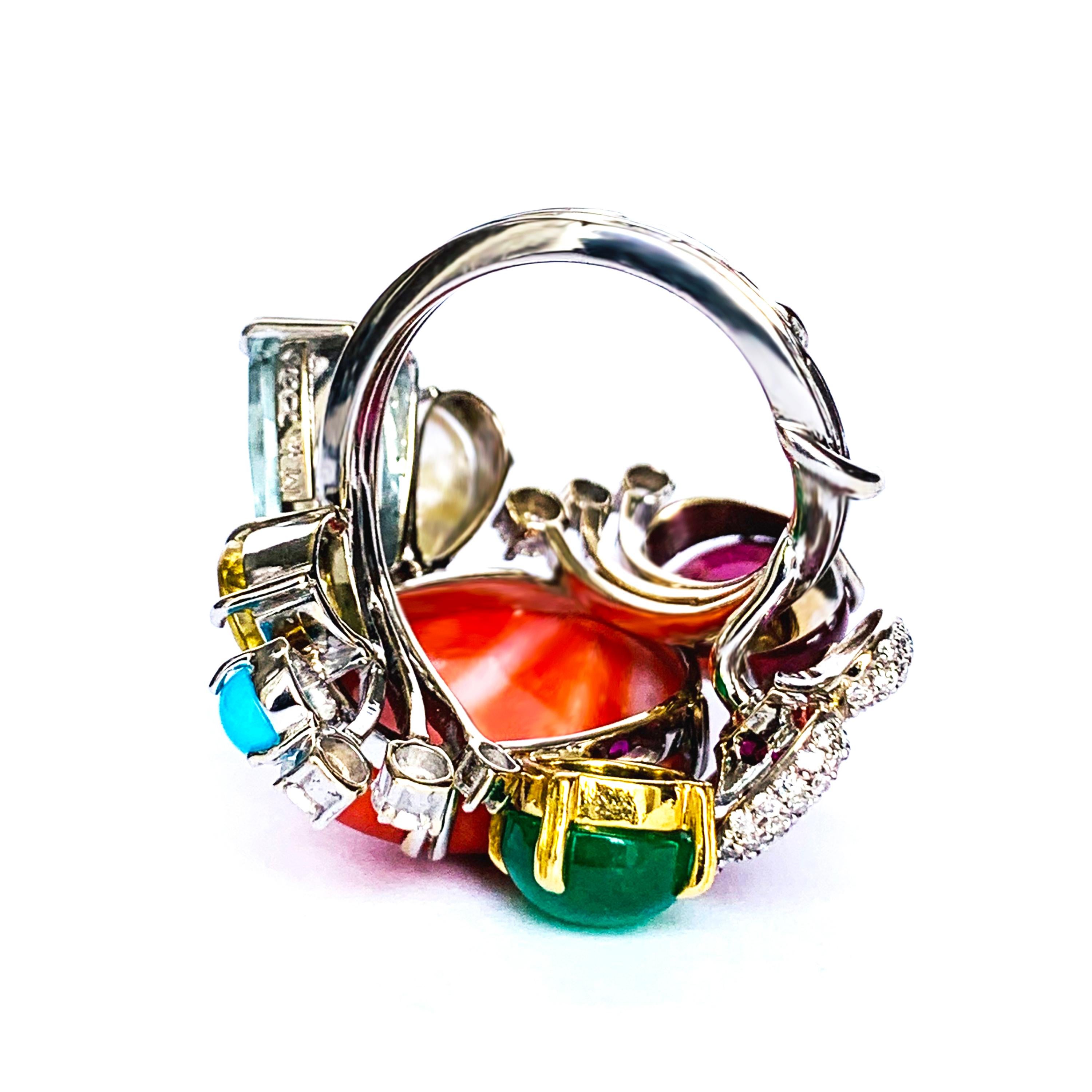 Contemporary White and Yellow Gold Multi-Color Gemstone Cocktail Ring