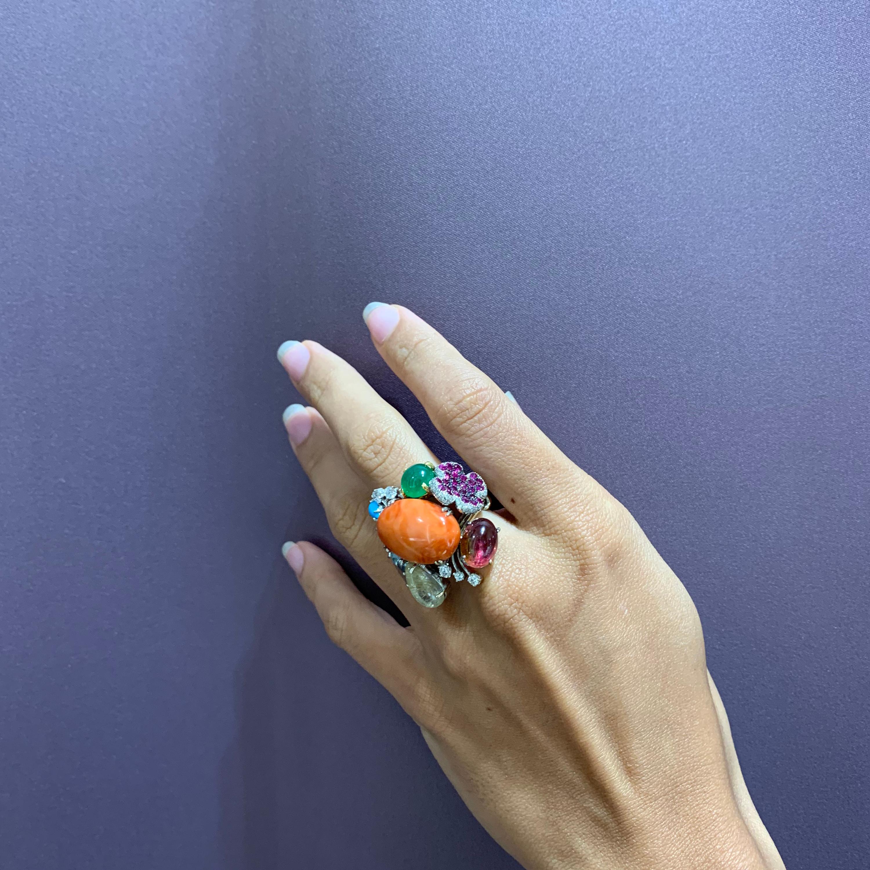 Cabochon White and Yellow Gold Multi-Color Gemstone Cocktail Ring