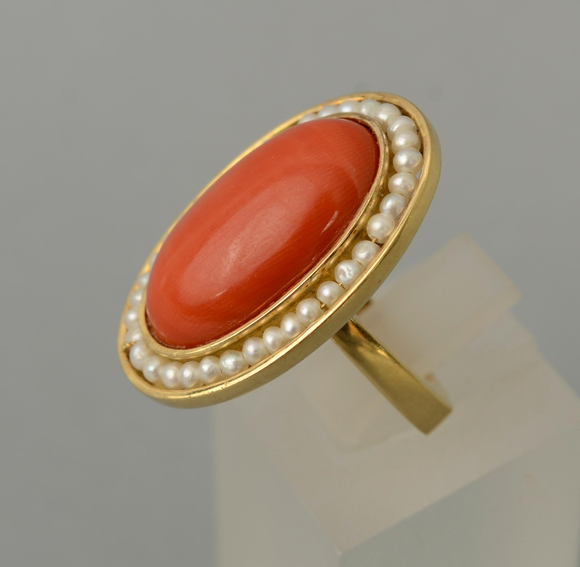 Women's or Men's Coral and Natural Pearls Ring For Sale